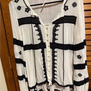 Free People White Button-Front Peasant Shirt with Black Embroidery